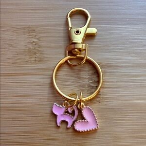 Gold and Pink Keychain with Heart and Cat Charms